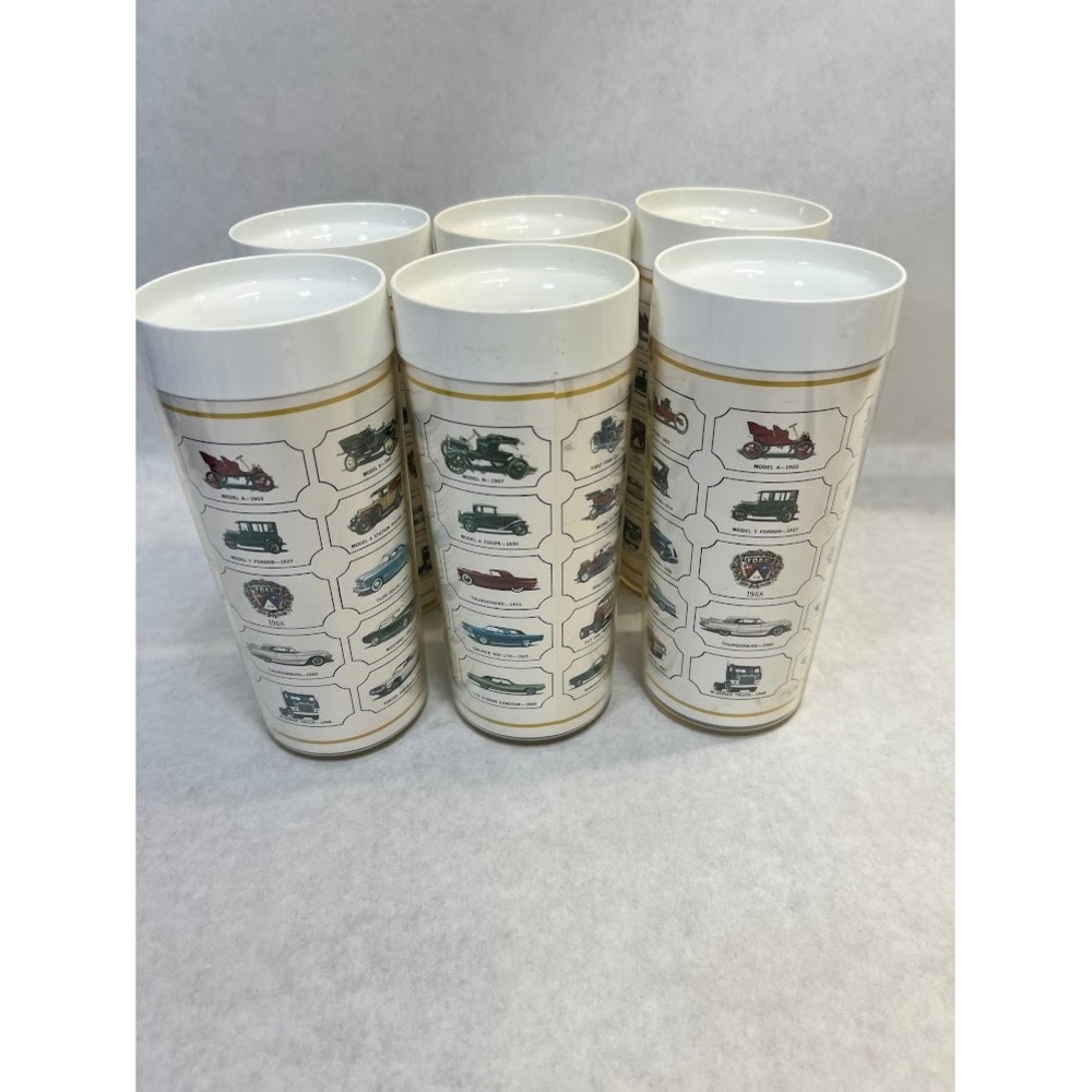 6 Vintage West Bend Thermo-Serv Ford Classic Car Insulated Tumblers 1903-1968